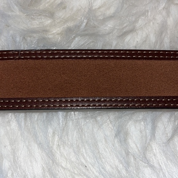 Gorgeous brown leather two tone lands end belt brass buckle size 38 unisex - Picture 5 of 10